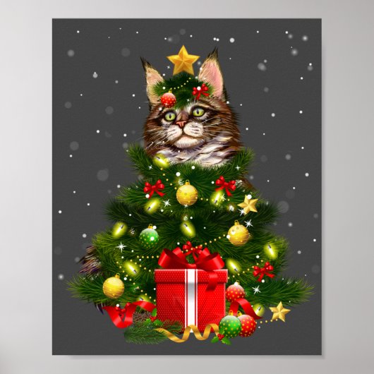 Cat Maine Coon Cat Xmas Tree Lights Cat Lover Ugly Poster (Voorkant)
