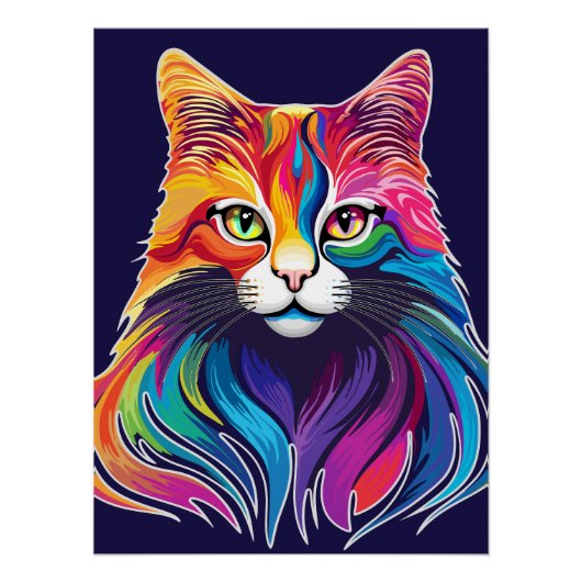 Cat Maine Coon Portret Regenboog Kleuren Perfect Poster (Voorkant)