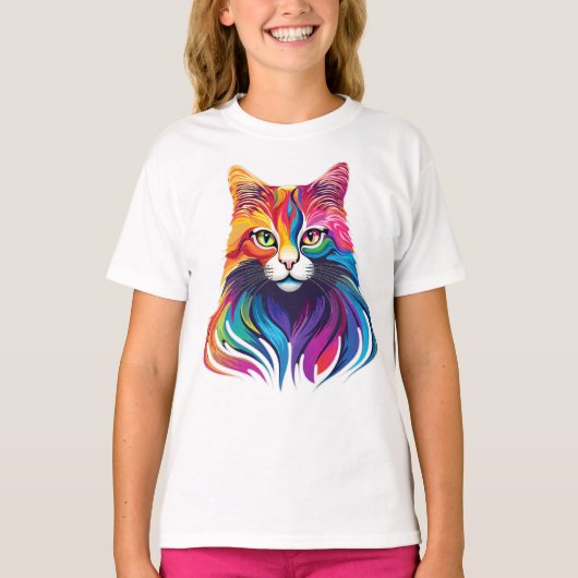 Cat Maine Coon Portret Regenboog Kleuren T-shirt (Voorkant)