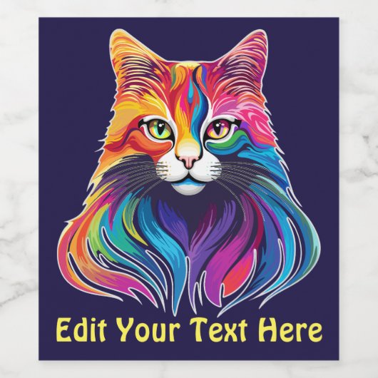 Cat Maine Coon Portret Regenboog Kleuren Wijn Etiket (Enkel label)