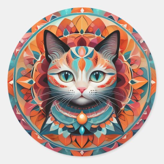 Cat Mandala Ronde Sticker (Voorkant)
