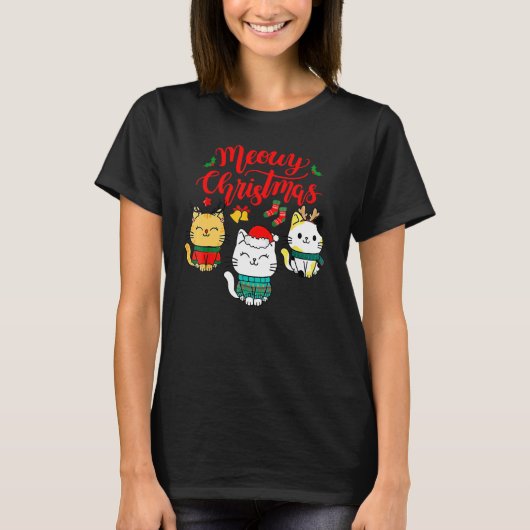 Cat Meowy Family Matching Kerstpyjama Santa T-shirt (Voorkant)