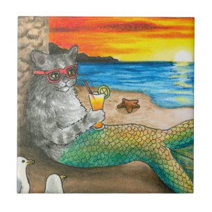 Cat Mermaid 25 Beach Sunset Tegeltje