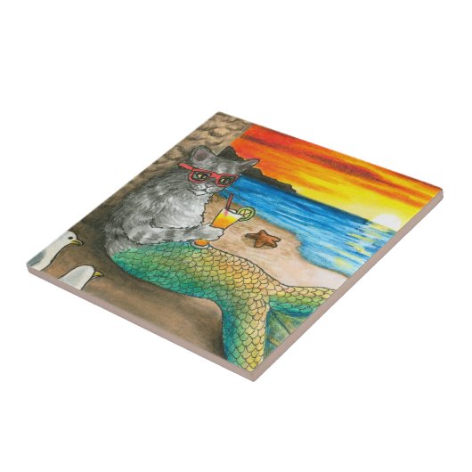 Cat Mermaid 25 Beach Sunset Tegeltje (Zijkant)