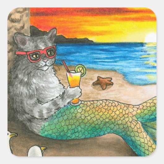 Cat Mermaid 25 Beach Sunset Vierkante Sticker (Voorkant)