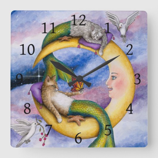 Cat Mermaid 29 Merkitty fantasy Cats on Moon Vierkante Klok (Voorkant)