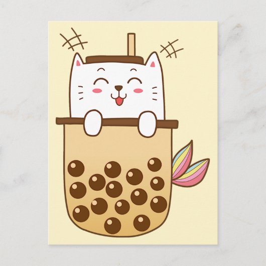 Cat Mermaid Boba Milk Tea Briefkaart (Voorkant)
