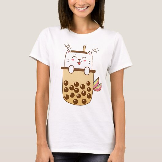 Cat Mermaid Boba Milk Tea T-shirt (Voorkant)