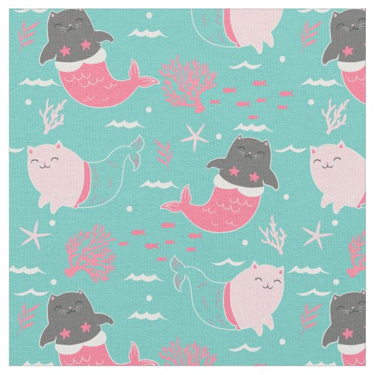 Cat Mermaids Fabric Stof (Close Up)