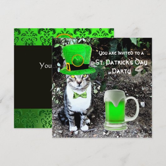 CAT MET GROENE IRISH BEER ST PATRICK'S DAY PARTY KAART (Voorkant / Achterkant)