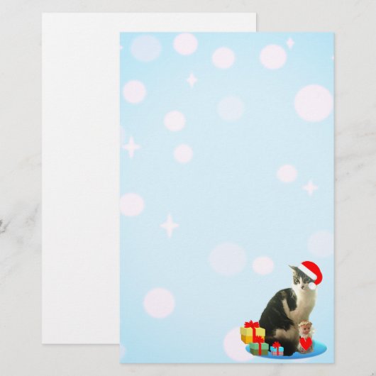 Cat met Kerstmis, lichtorbs op hemelblauw. Briefpapier (Voorkant / Achterkant)
