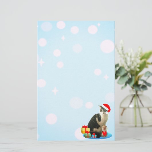 Cat met Kerstmis, lichtorbs op hemelblauw. Briefpapier (Staand voorkant)