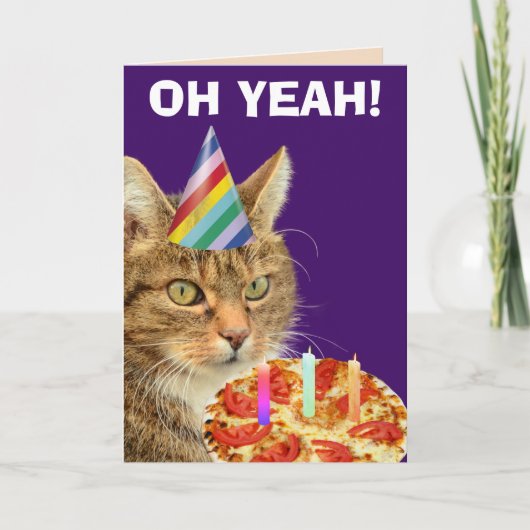 CAT MET PIZZA FUNNY BIRTHDAY WENSKAARTEN KAART (Voorkant)