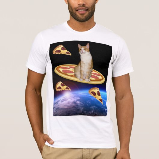 CAT MET PIZZA IN RUIMTE grappige T-shirts (Voorkant)