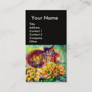 CAT MET RODE RIBBON EN ZONLOWERS MONOGRAM VISITEKAARTJE