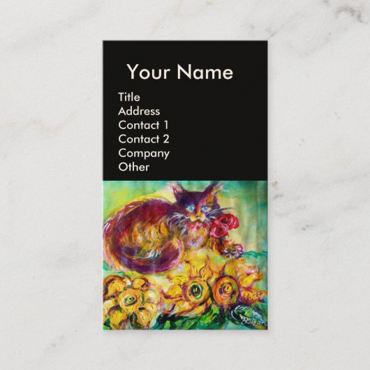 CAT MET RODE RIBBON EN ZONLOWERS MONOGRAM VISITEKAARTJE (Voorkant)