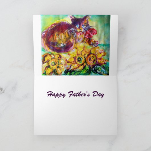 CAT MET RODE RIBBON EN ZONLOWERS Vaderdag Kaart (Binnen)