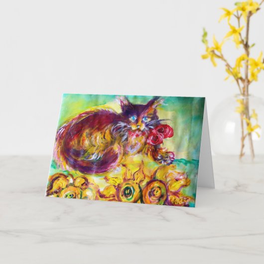 CAT MET RODE RIBBON EN ZONLOWERS Vaderdag Kaart (Gele Bloem)