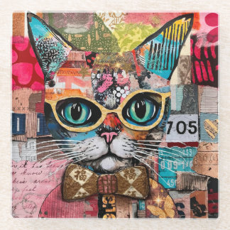 Cat Mixed Mixed Paper Collage  Glazen Onderzetter