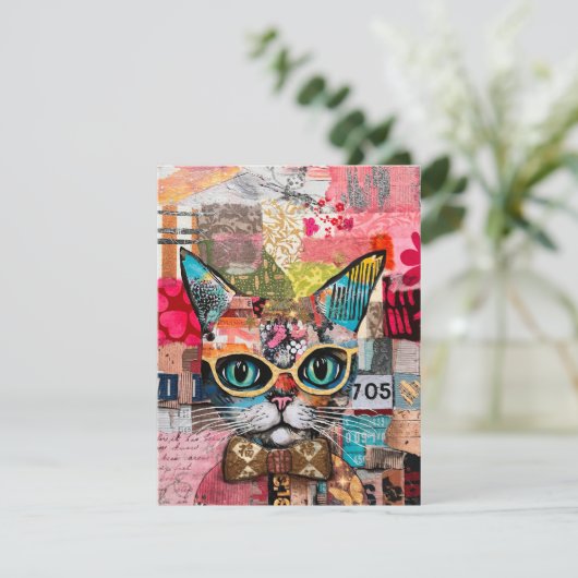 Cat Mixed Mixed Paper Collage Greeting Card Kaart (Staand voorkant)
