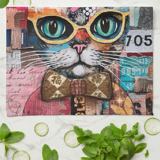 Cat Mixed Mixed Paper Collage Kitchen Towel Theedoek (Gevouwen)