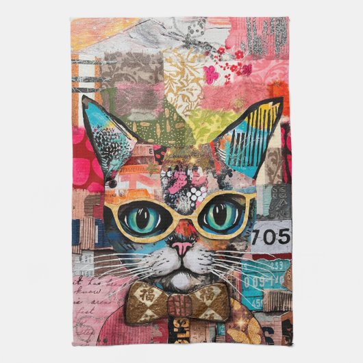 Cat Mixed Mixed Paper Collage Kitchen Towel Theedoek (Verticaal)