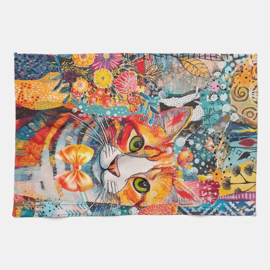 Cat Mixed Mixed Paper Collage Kitchen Towel Theedoek (Horizontaal)