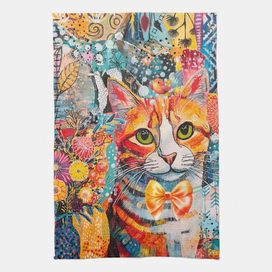 Cat Mixed Mixed Paper Collage Kitchen Towel Theedoek (Verticaal)