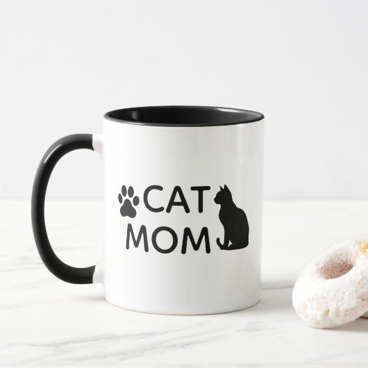 CAT MOM Coffee Mug | Black Cat Paw Print & Heart Mok (Met donut)