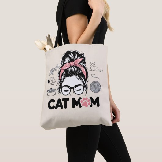 "Cat Mom" Funny Cute Cat Lover Women Tote Bag (Dichtbij)