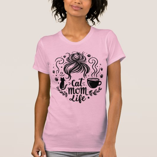 Cat Mom Life Messy Bun Coffee And Cats Tee T-shirt (Voorkant)