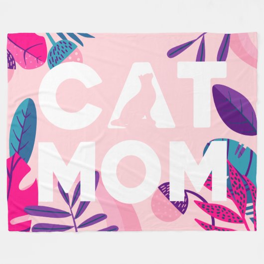 CAT MOM, roze bloemen en bladeren Fleece Deken (Voorkant (Horizontaal))