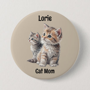 Cat Mom Schattigee Kitten Waterverf "Naam/ID" Ontw Ronde Button 7,6 Cm