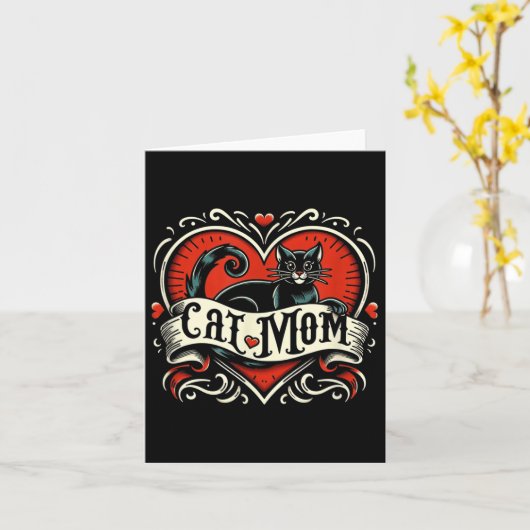 Cat Mom  Tattoo Style Funny Tattoo Art Cat Kaart (Gele Bloem)