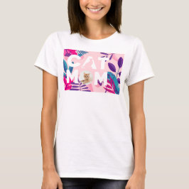 CAT MOM, uw foto, roze bloemen en bladeren T-shirt