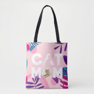 CAT MOM, uw foto, roze bloemen en bladeren Tote Bag