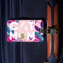 CAT MOM, uw foto, roze bloemen en lederbagage Bagagelabel