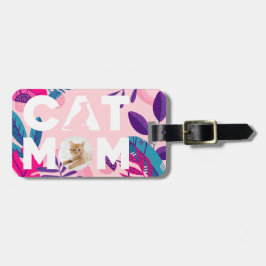 CAT MOM, uw foto, roze bloemen en lederbagage Bagagelabel