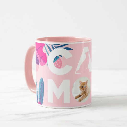 CAT MOM, uw foto, roze bloemen en Mok van bladeren (Voorkant links)