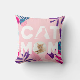 CAT MOM, uw katfoto, roze bloemen en bladeren Kussen