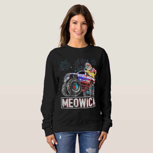 Cat Monster Riding Truck American Flag Plus Size G Trui (Voorkant volledig)
