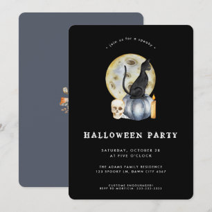 Cat Moon Party Waterverf Cute Halloween Kaart