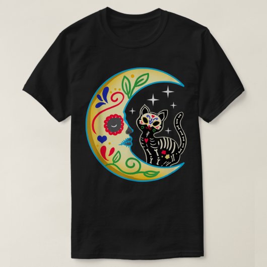 Cat & Moon Sugar Skull Dia de Los Muertos, Dag van T-shirt (Design voorkant)
