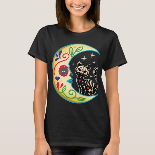 Cat & Moon Sugar Skull Dia de Los Muertos, Dag van T-shirt (Voorkant)