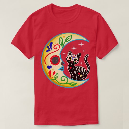 Cat & Moon Sugar Skull Dia de Los Muertos, Dag van T-shirt (Design voorkant)