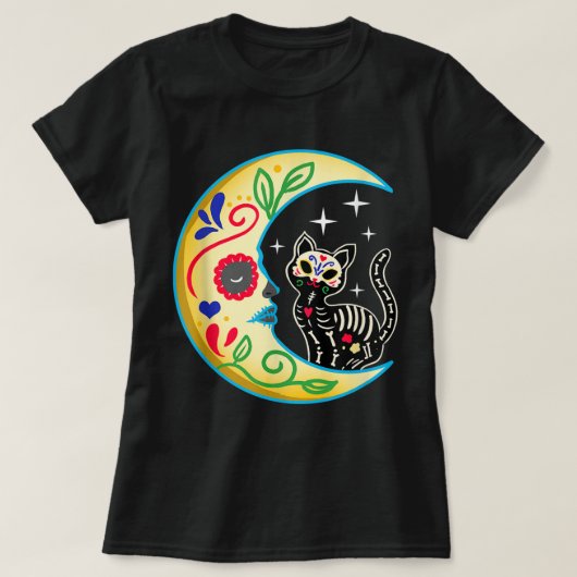 Cat & Moon Sugar Skull Dia de Los Muertos, Dag van T-shirt (Design voorkant)