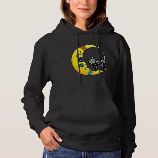 Cat & Moon Sugar Skull Dia de Los Muertos  Day Of  Hoodie (Voorkant)