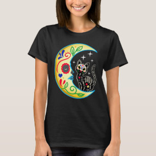 Cat & Moon Sugar Skull Dia de Los Muertos Day of T T-shirt