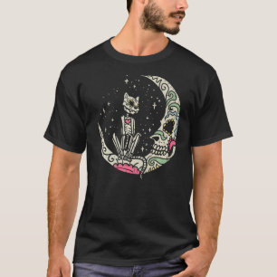 Cat & Moon Sugar Skull Dia de Los Muertos Day of T T-shirt