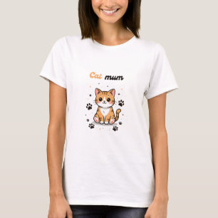 Cat Mum - Cute Orange Tabby Cartoon with Paw Print T-shirt